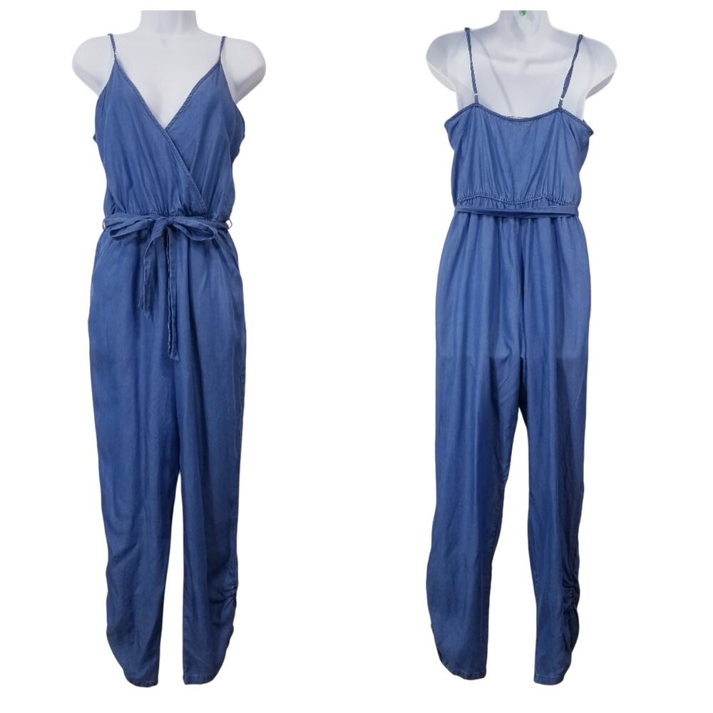 Lover's + Friends Denim Chambray Blue Belted Jumpsuit